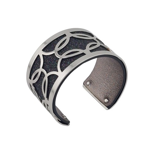 Bracelet manchette finitions argentées simili cuir noir pailleté couleur et gris foncé brillant