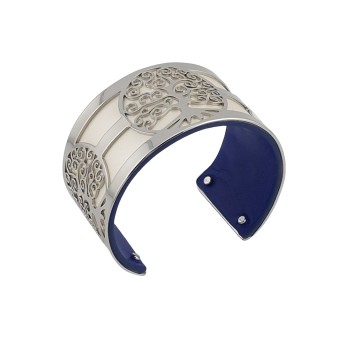 Bracelet manchette arbre de vie argenté simili cuir blanc nacré et bleu roi