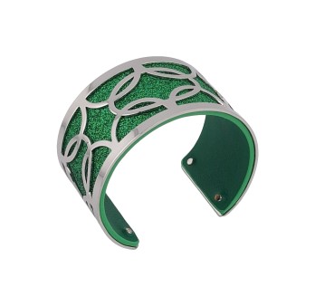 Bracelet manchette finitions argentées simili cuir vert pailleté et vert uni brillant