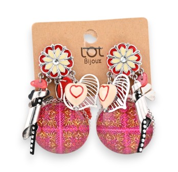 Boucles d'oreilles clip rouge médaillon rond imprimé