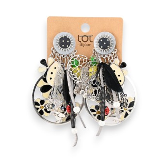 Boucles d'oreilles clip printemps fleurs noir et blanc