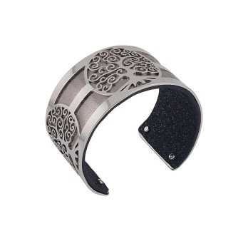 Bracelet manchette arbre de vie argenté simili cuir métal et noir pailleté couleur