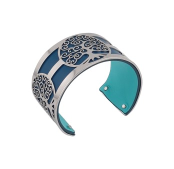 Bracelet manchette arbre de vie argenté simili cuir bleu canard et turquoise