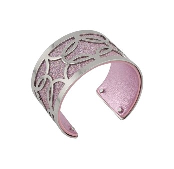 Bracelet manchette finitions argentées simili cuir rose pailleté et rose brillant