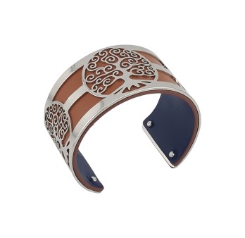 Bracelet manchette arbre de vie doré simili cuir camel et bleu marine