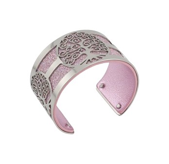 Bracelet manchette arbre de vie argenté simili cuir rose pailleté et rose brillant
