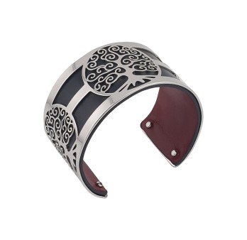 Bracelet manchette arbre de vie argenté simili cuir noir et bordeau