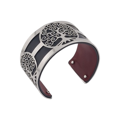 Bracelet manchette arbre de vie argenté simili cuir noir et bordeau