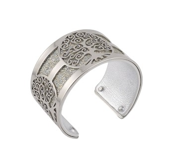 Bracelet manchette arbre de vie argenté simili cuir argent pailleté et argent brillant