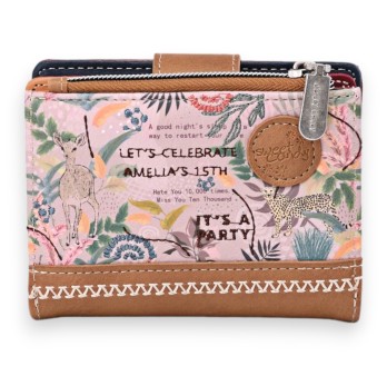 Portefeuille porte monnaie Sweet & Candy forêt tropicale rose et camel