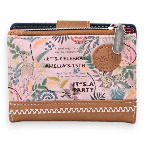 Portefeuille porte monnaie Sweet & Candy forêt tropicale rose et camel