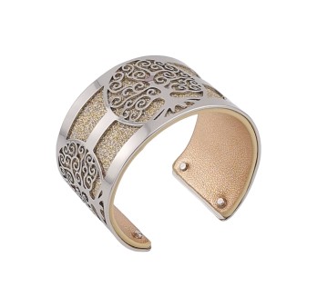 Bracelet manchette arbre de vie argenté simili cuir doré pailleté et doré brillant
