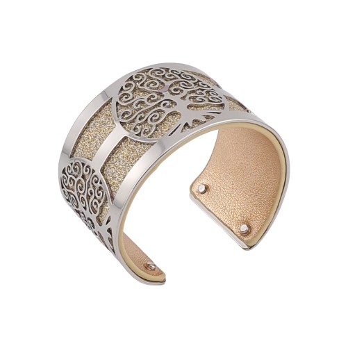 Bracelet manchette arbre de vie argenté simili cuir doré pailleté et doré brillant