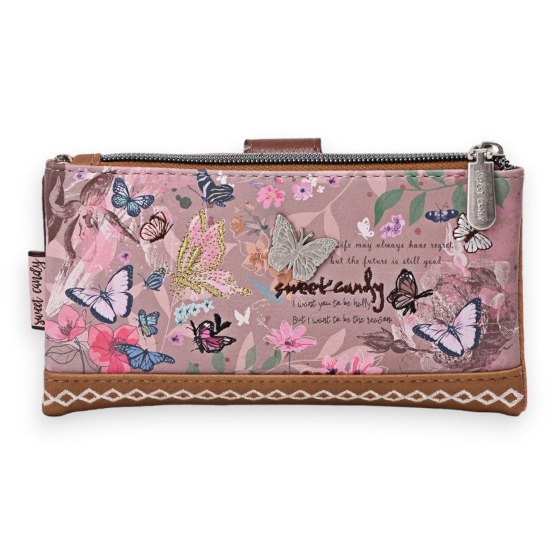 Portefeuille Sweet & Candy jardin papillons rose et camel