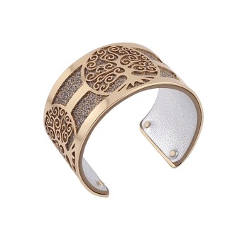 Bracelet manchette arbre de vie doré simili cuir taupe pailleté et argent uni brillant