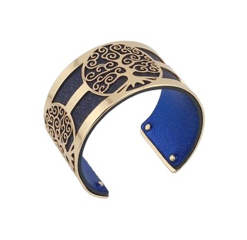 Bracelet manchette arbre de vie doré simili cuir bleu nuit pailleté et bleu nuit uni brillant