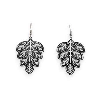 Boucles d'oreilles feuilles dentelle métal noir