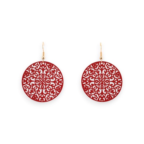 Boucles D'oreilles Rondes Rouge Mat Effet Dentelle