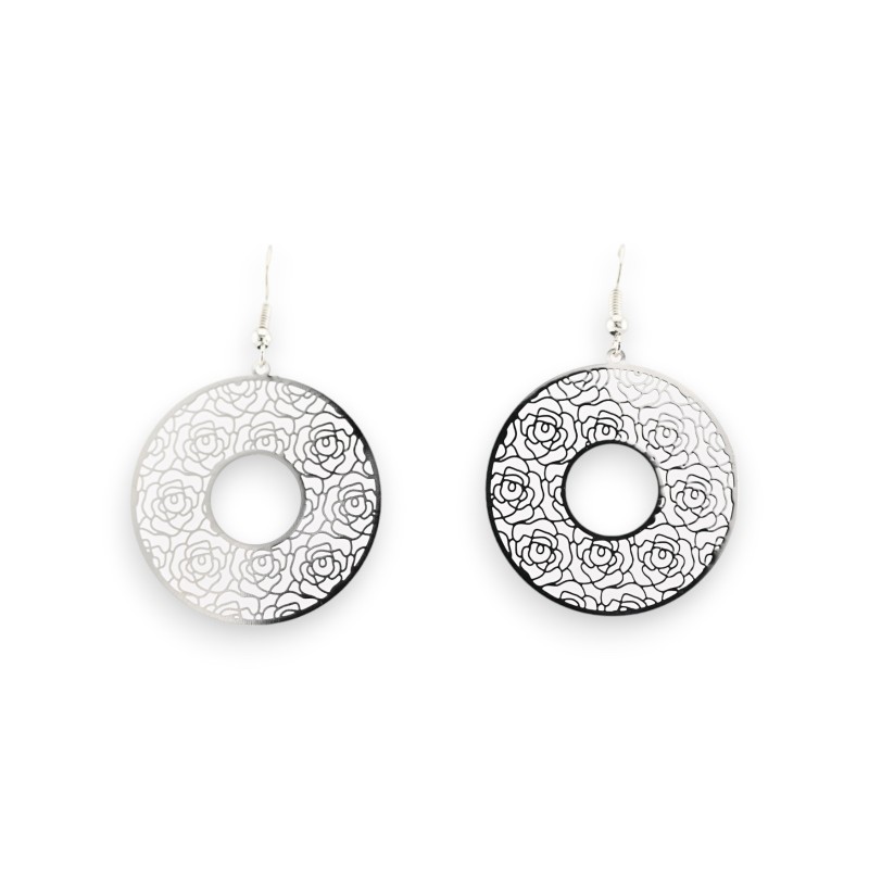 Boucle d'oreille ronde motif dentelle métal argenté