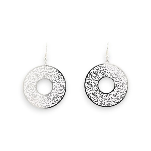 Boucle d'oreille ronde motif dentelle métal argenté