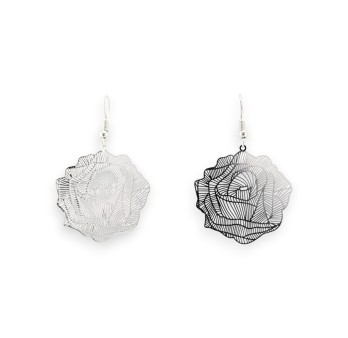 boucle d'oreille roses argenté dentelle métal miroir