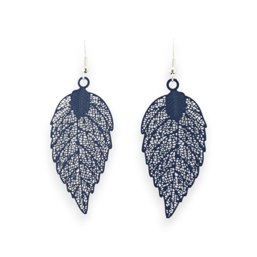 Boucle d'oreille feuille bleu mat dentelle métal