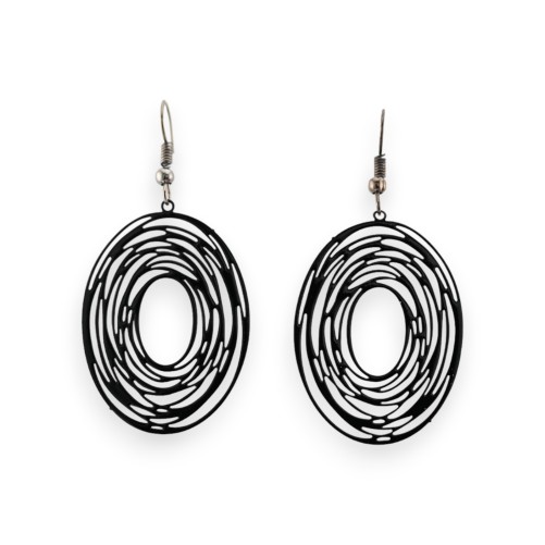 Boucle d'oreille ovale spirale noir dentelle métal