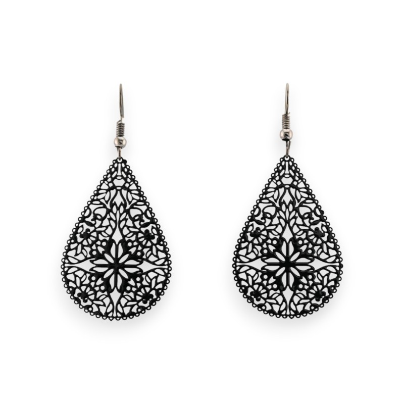 Boucle d'oreille goutte dentelle métal noir
