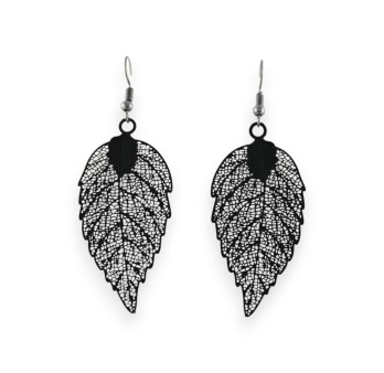 Boucles d'oreilles feuilles noires en dentelle métallique