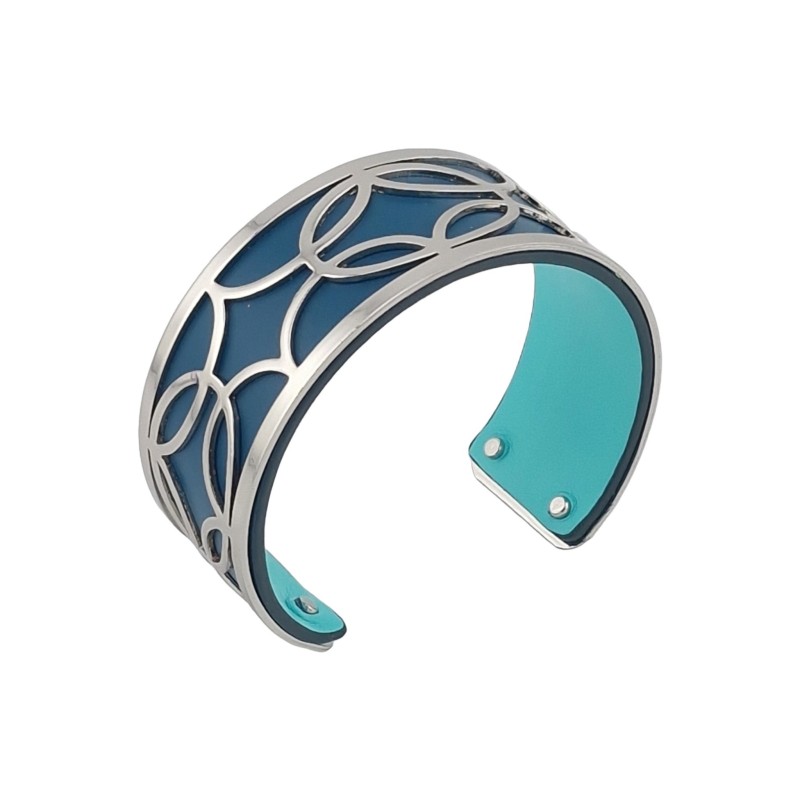 Bracelet manchette fin finition argentée simili cuir bleu canard et turquoise
