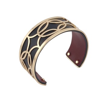 Bracelet manchette fin finition dorée simili cuir noir et bordeau