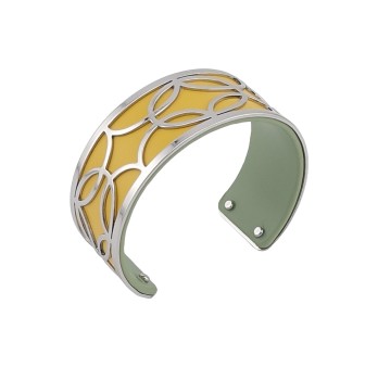 Bracelet manchette fin finition argentée simili cuir moutarde et vert d'eau