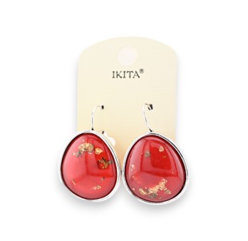 Boucles d'oreilles métal argenté rouge copeaux feuilles dorées marque Ikita