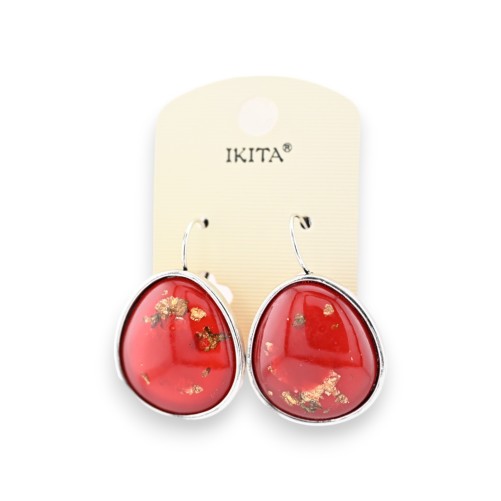 Boucles d'oreilles métal argenté rouge copeaux feuilles dorées marque Ikita