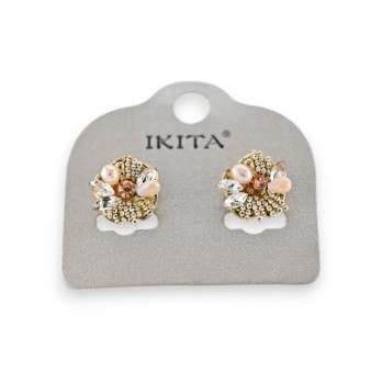 Boucles d'oreilles métal doré fleurs relief perles différentes marque Ikita