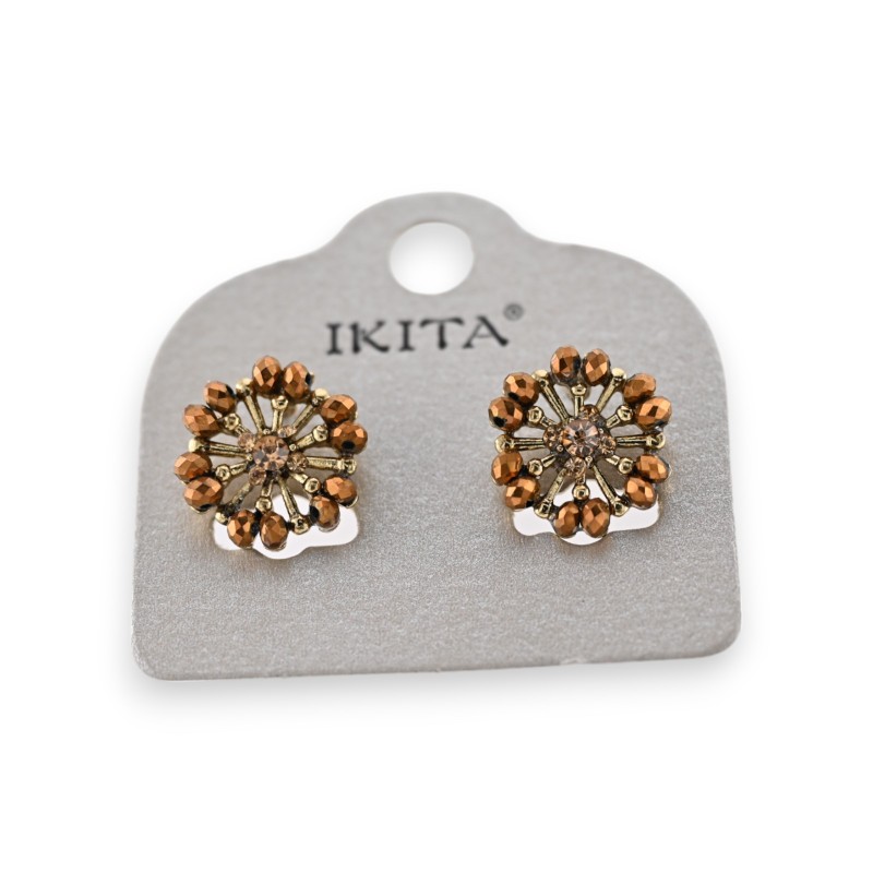 Boucles d'oreilles métal doré fleur perles marron marque Ikita