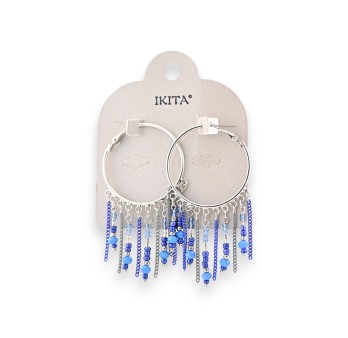 Boucles d'oreilles créoles franges perles bleues Ikita
