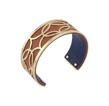Bracelet manchette fin finition dorée simili cuir camel et bleu marine