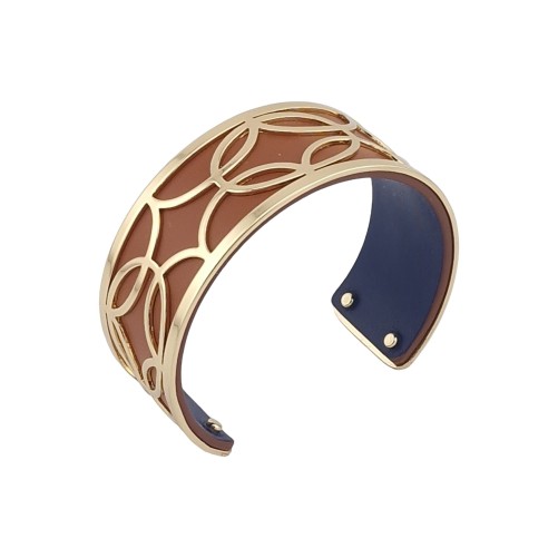 Bracelet manchette fin finition dorée simili cuir camel et bleu marine