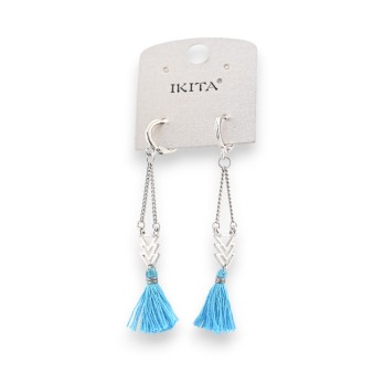 Boucles d'oreilles bohèmes argentées pompons turquoise Ikita