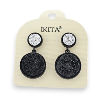 Boucles d'Oreilles Double Disque Effet Crépis noir et argenté