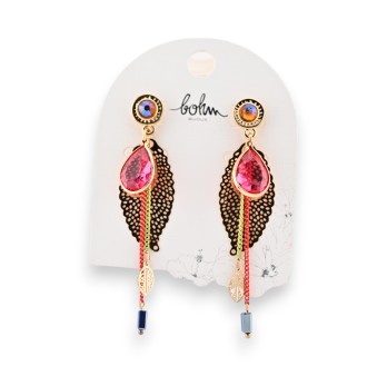 Boucles d'oreilles pendantes rose feuilles dorées de chez Bohm