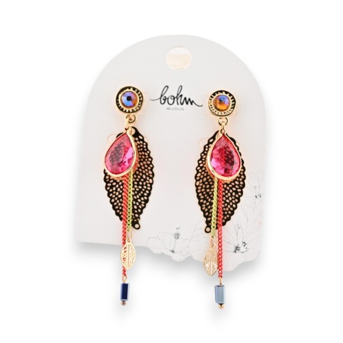 Boucles d'oreilles pendantes rose feuilles dorées de chez Bohm