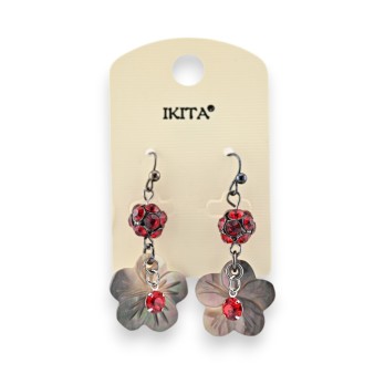 Boucles d'oreilles Ikita fleur nacre et strass rouge