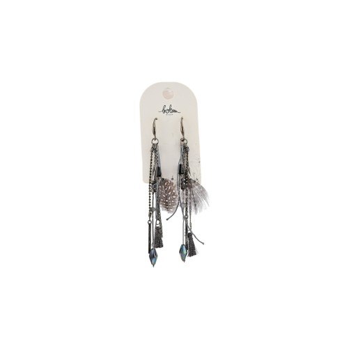 Boucles d'oreilles pendantes de chez Bohm pendentifs et plumes