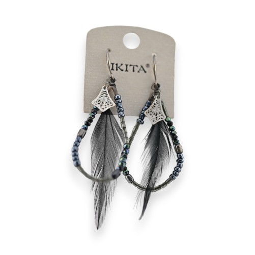 Boucles d'oreilles perles noires et plumes de chez Ikita