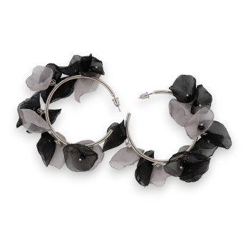 Boucles d'oreilles créoles fleurs tissus noires et gris