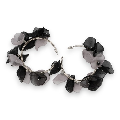 Boucles d'oreilles créoles fleurs tissus noires et gris