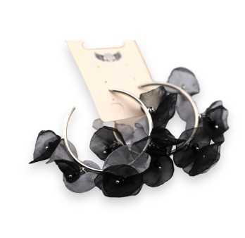 Boucles d'oreilles créoles fleurs tissus noires et gris