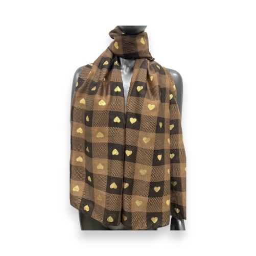 Foulard à carreaux marron et camel coeurs dorés